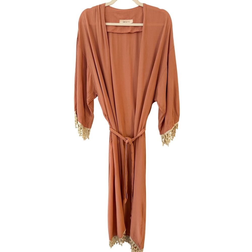 Camas Lily Co Boho Kimono Duster Cardigan Women’s OS Rust Orange Fringe Trim